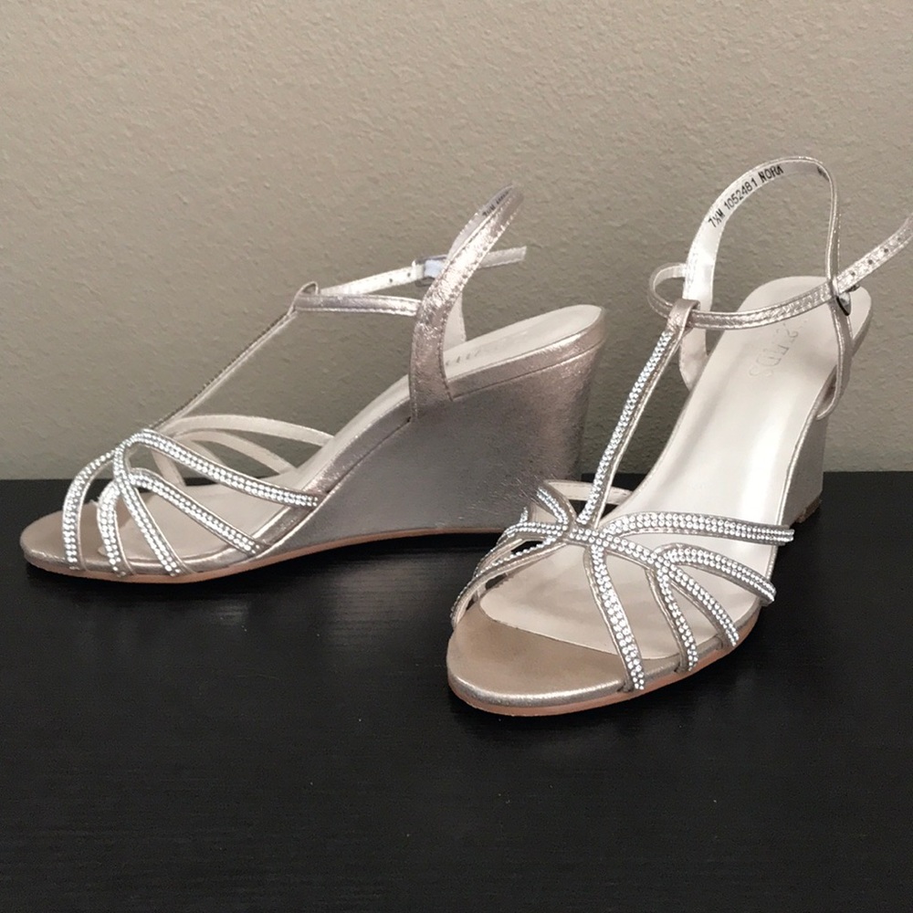 David’s Bridal - Metallic Crystal T-Strap Wedges